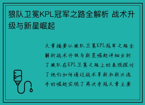 狼队卫冕KPL冠军之路全解析 战术升级与新星崛起 狼队卫冕KPL冠军之路全解析 战术升级与新星崛起