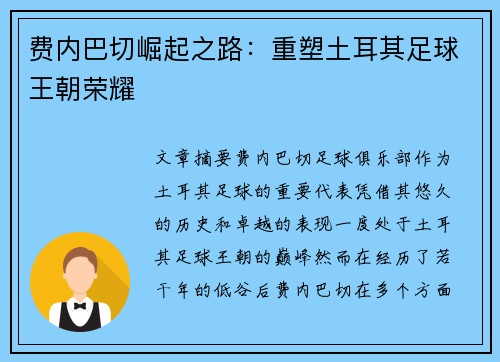 费内巴切崛起之路:重塑土耳其足球王朝荣耀 费内巴切崛起之路:重塑土耳其足球王朝荣耀