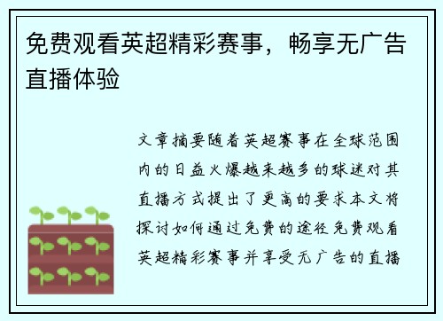 免费观看英超精彩赛事,畅享无广告直播体验 免费观看英超精彩赛事,畅享无广告直播体验